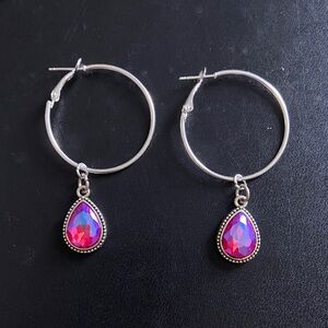 Handmade Silver Hoop Earrings with Pink Teardrop Gem